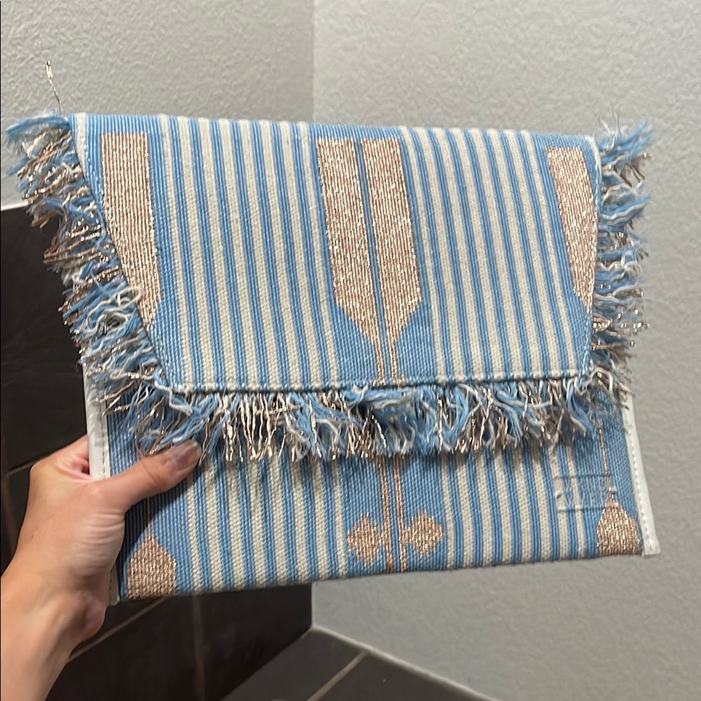 Blue and Rose Gold Fringed WKND WYFR Clutch
